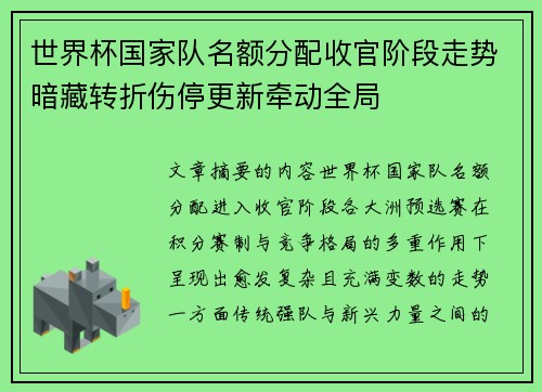 世界杯国家队名额分配收官阶段走势暗藏转折伤停更新牵动全局