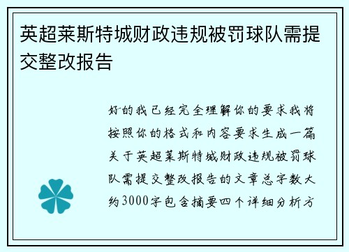 英超莱斯特城财政违规被罚球队需提交整改报告